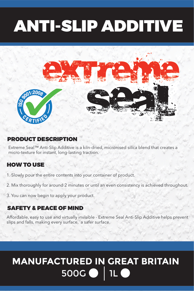 Product packaging for Extreme Seal Anti-Slip Additive with certification logo and usage instructions.