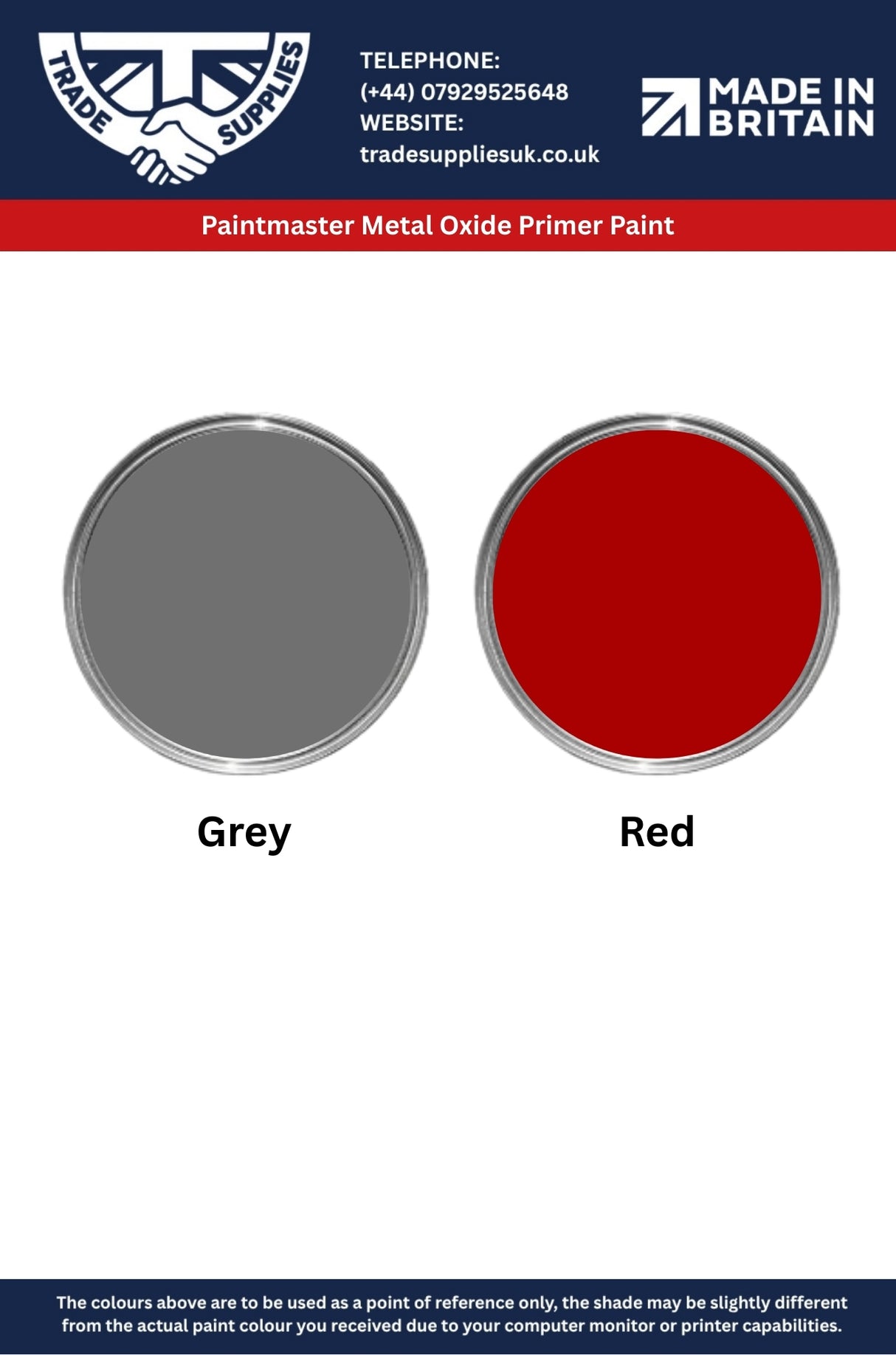 Paintmaster Metal Oxide Primer Paint sample in grey and red with Trade Supplies branding.