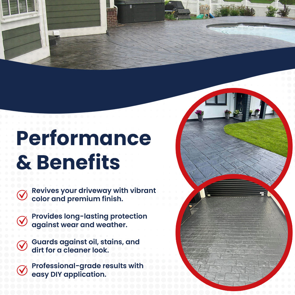 Advertisement for driveway resurfacing product with text and images of a driveway.