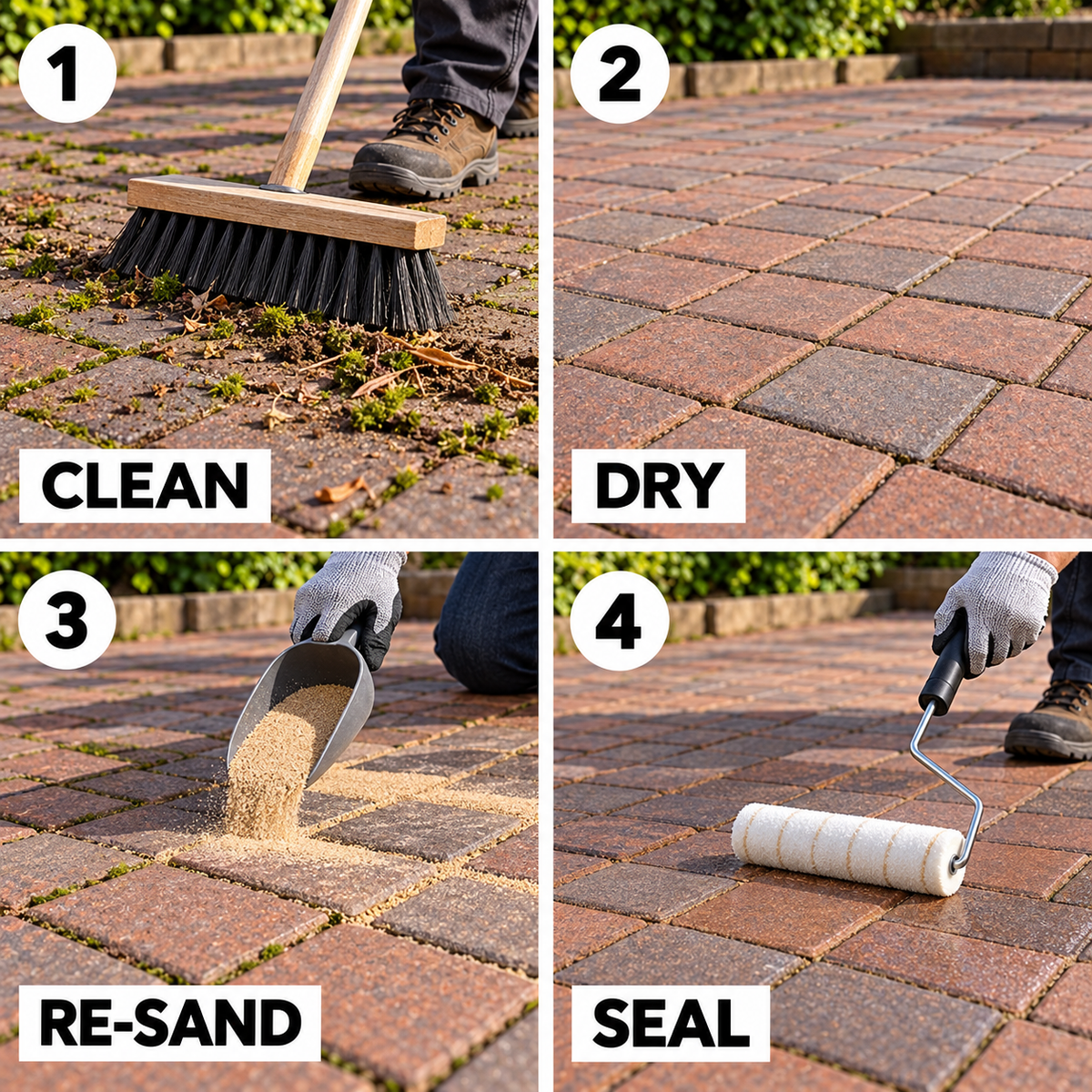 Prepare block paving: clean, dry, re-sand joints and seal