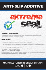 Product packaging for Extreme Seal Anti-Slip Additive with certification logo and usage instructions.