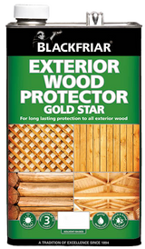 Blackfriar Exterior Wood Protector Gold Star can with wooden lattice and planks on a green background