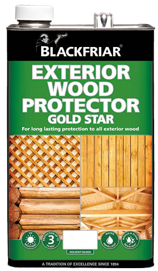 Blackfriar Exterior Wood Protector Gold Star can with wooden lattice and planks on a green background