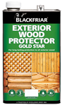 Blackfriar Exterior Wood Protector Gold Star can with wooden lattice and planks on a green background