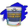 Can of Floor Master polyurethane floor paint with blue paint splashes on a white background