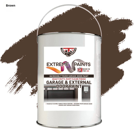 Paint can of Extreme Paints garage door paint with a brown color swatch