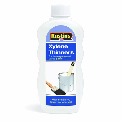 Bottle of Rustins Xylene Thinners with label on a white background