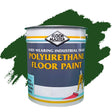 Can of Floor Master polyurethane floor paint with green paint swatch on a white background