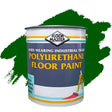 Can of Floor Master polyurethane floor paint with green paint splashes on a white background
