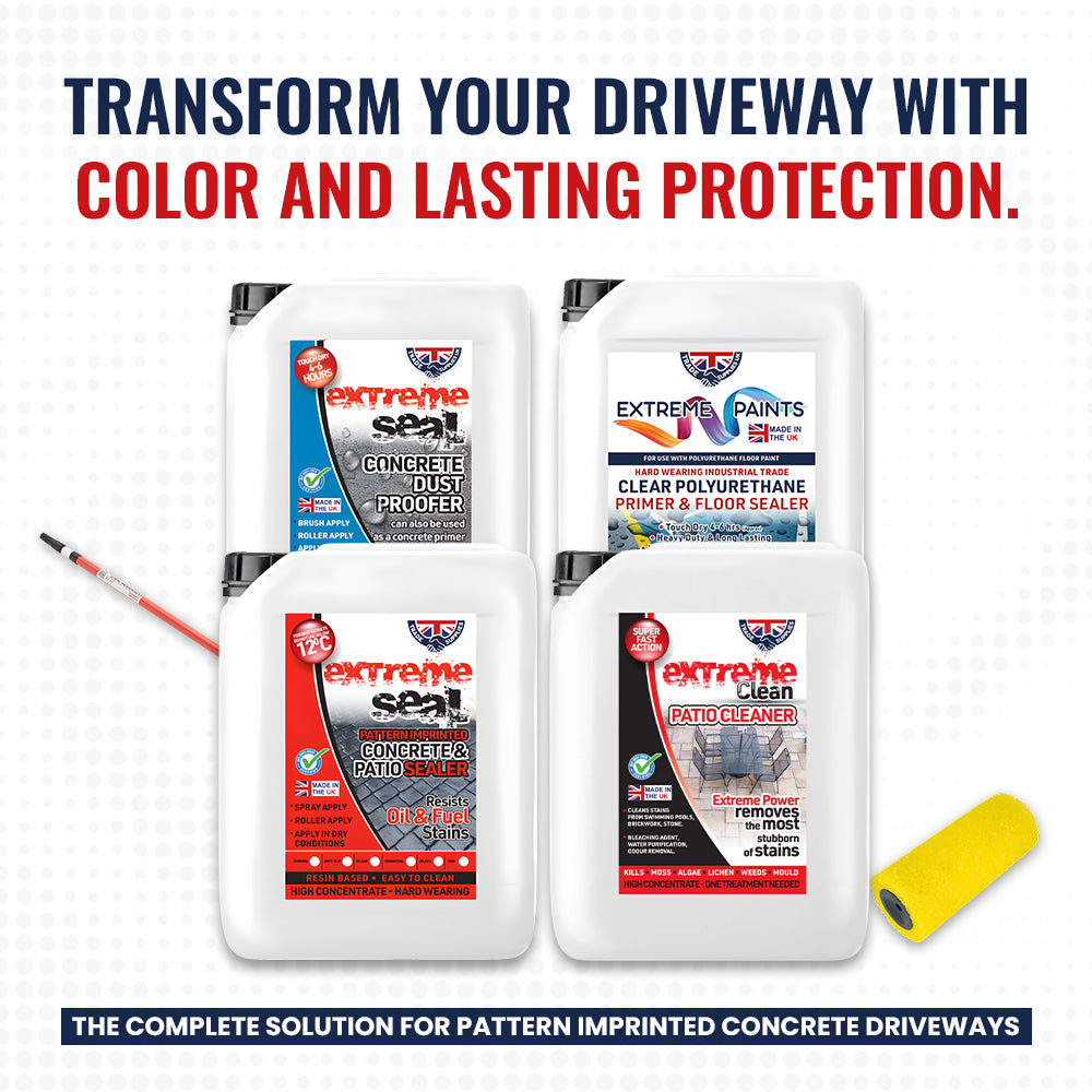 Four bottles of extreme paints products with text promoting driveway transformation.