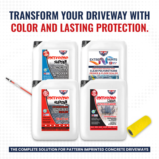 Four bottles of extreme paints products with text promoting driveway transformation.