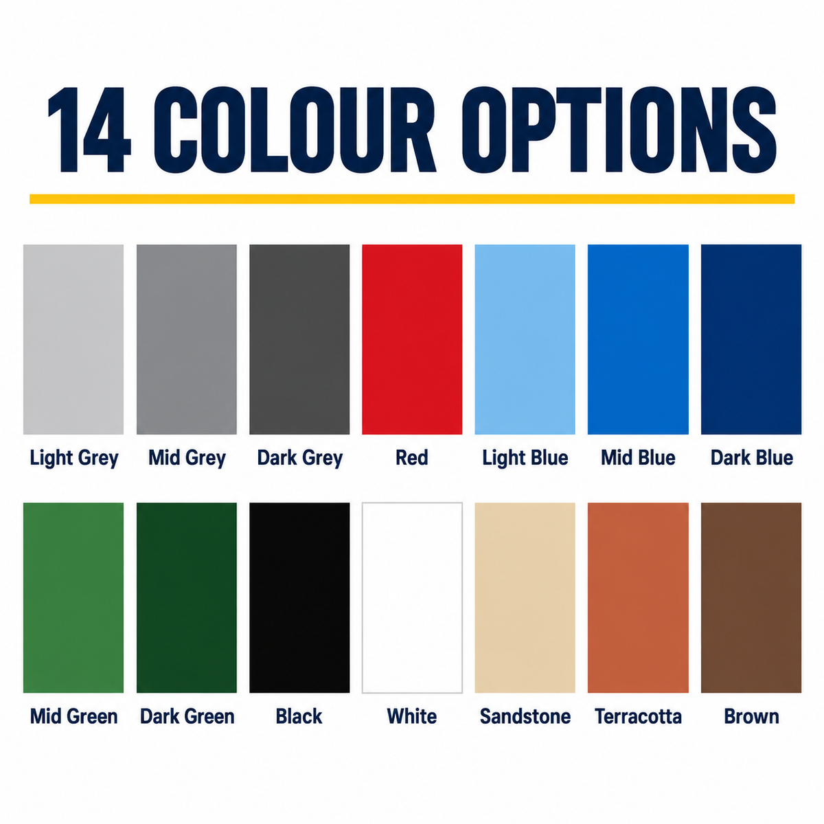 Fourteen acrylic floor paint colour options from Light Grey to Brown