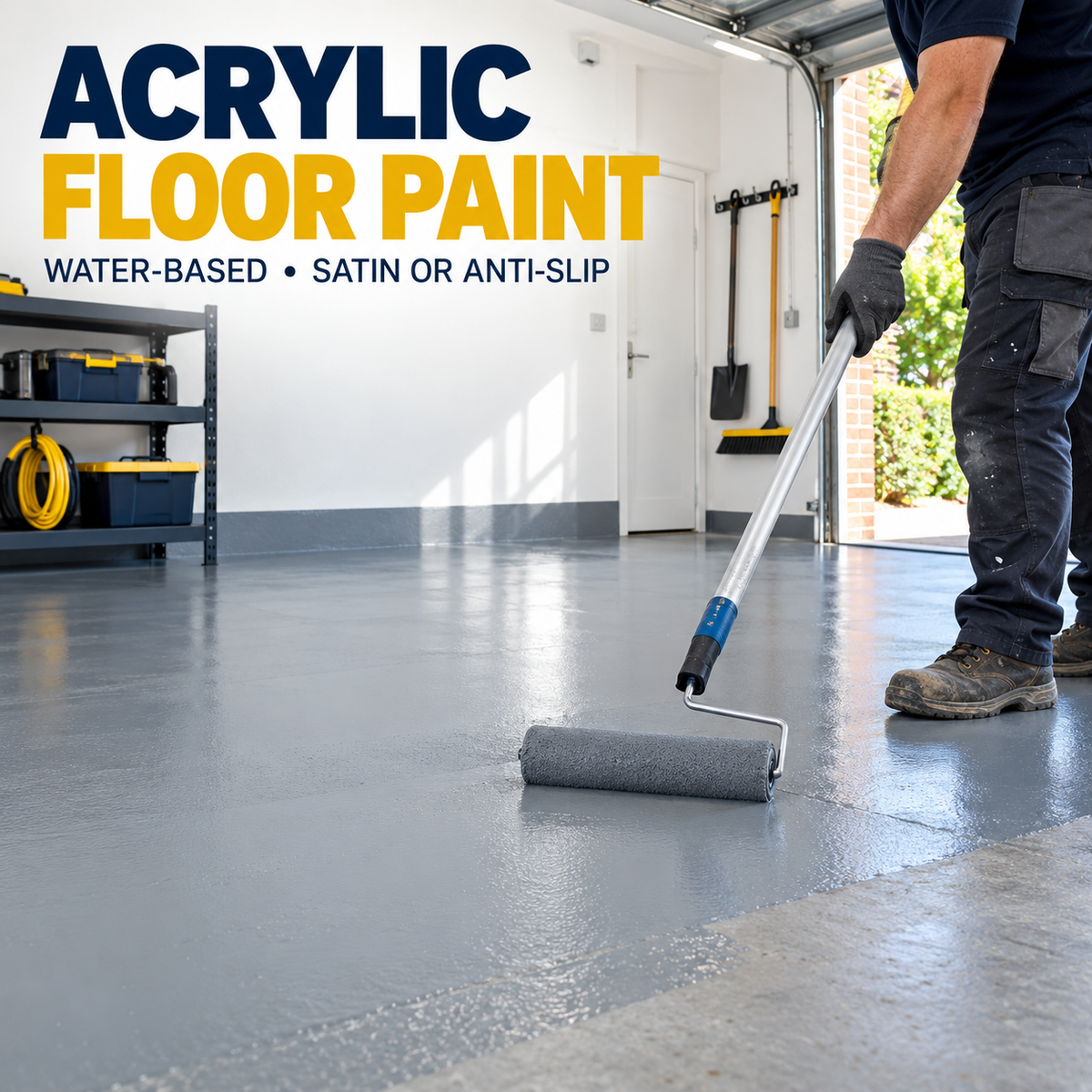 Acrylic floor paint applied to a smooth satin grey concrete garage floor