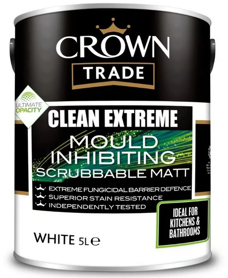 Crown Trade Clean Extreme Mould Inhibiting Scrubbable Matt paint can on a white background