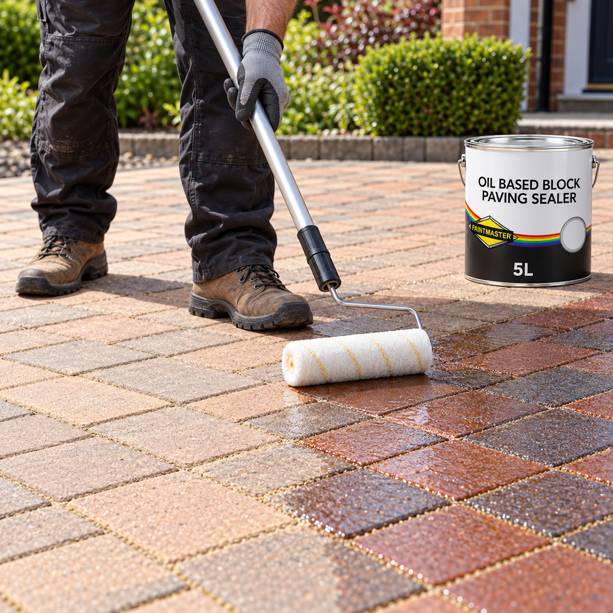 Applying Paintmaster clear oil based sealer evenly to block paving with a roller