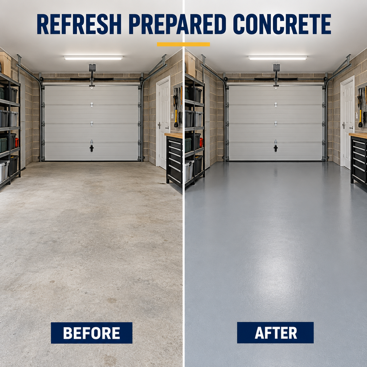 Prepared concrete garage floor shown before and after a grey acrylic floor coating