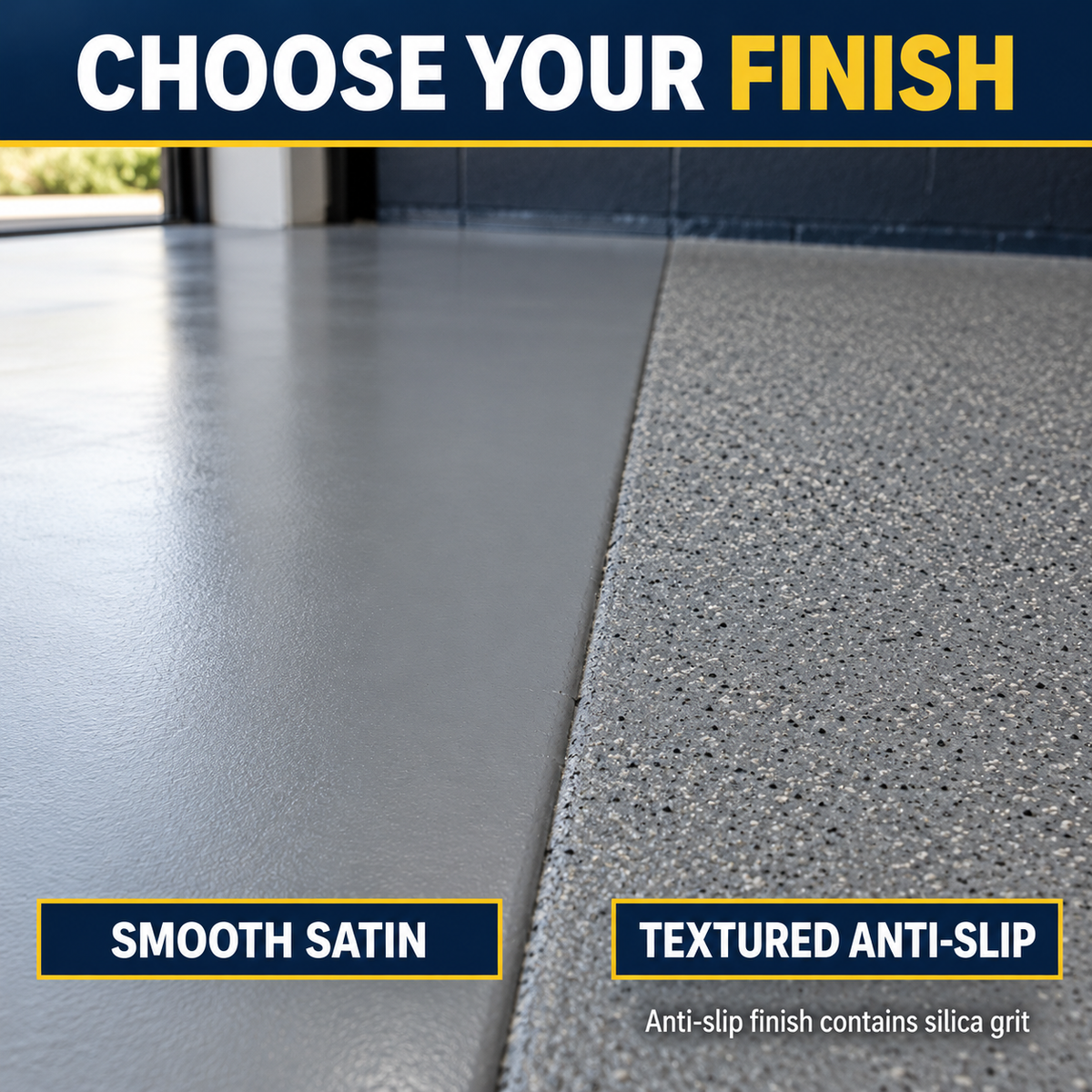 Smooth satin and textured anti-slip acrylic floor paint finishes, with silica grit in the textured option