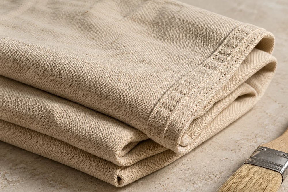 Heavy beige canvas with a stitched hem