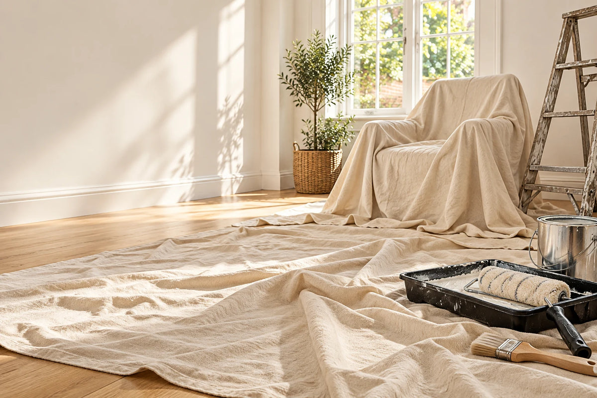 Canvas dust sheets protecting a floor and chair during decorating
